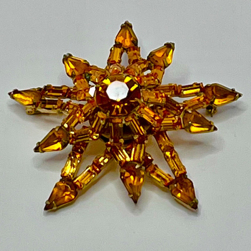 Coro Crystal Topaz Rhinestone 2” Domed Layered Brooch on Gold Tone Metal Signed